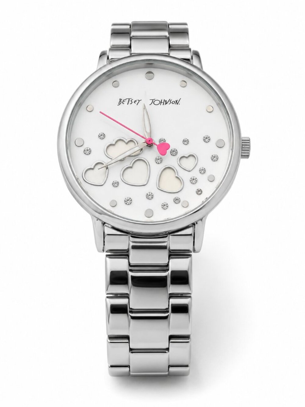 Betsey Johnson Silver-Tone Heart & Crystal Watch – White Dial – Pink Accent